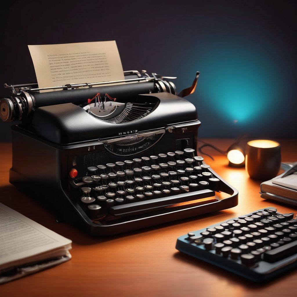 A captivating image of a vintage typewriter with glowing QWERTY keys, surrounded by modern digital devices like a laptop and tablet, symbolizing the bridge between traditional and digital blogging. In the background, soft glowing pixels represent the digital age, with a warm inviting glow highlighting the scene. super-realistic. vibrant colors. minimalistic background.